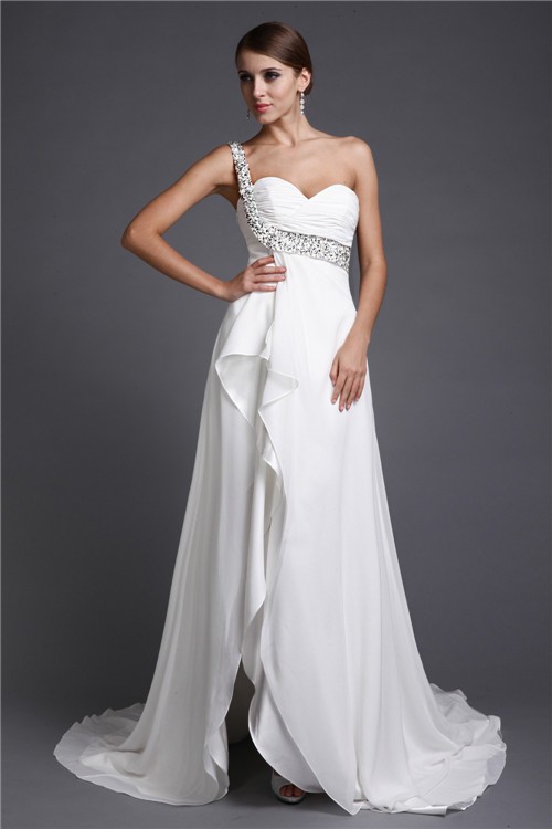 A-Line/Princess One Shoulder Sleeveless Long Beading Chiffon Cocktail Dresses 3910