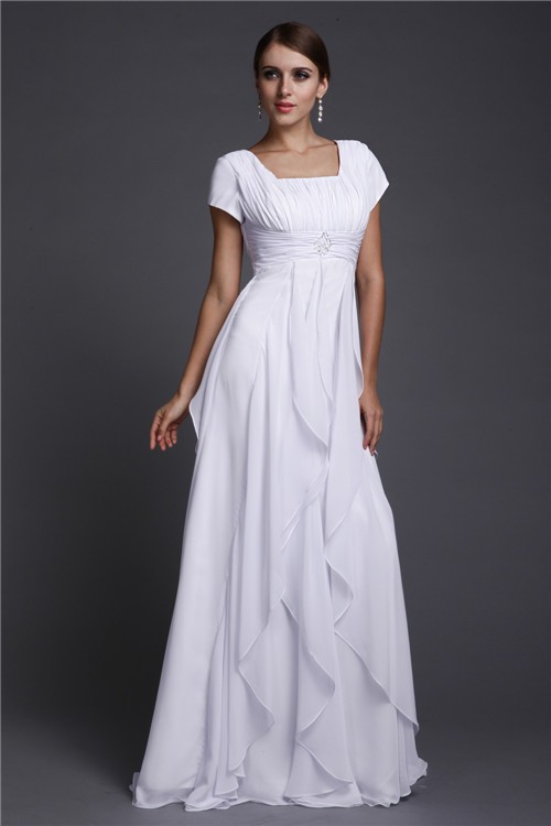 A-Line/Princess Square Neck Short Sleeves Ruffles Long Chiffon Dresses 4739