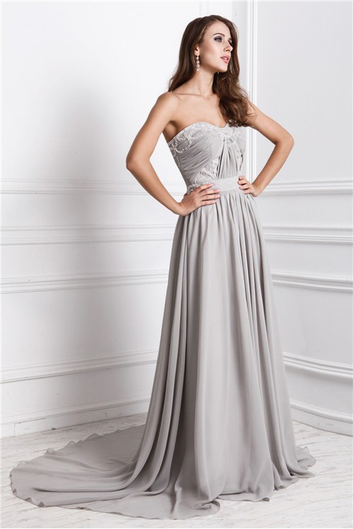 A-Line/Princess Sweetheart Sleeveless Long Beading Chiffon Dresses 5089