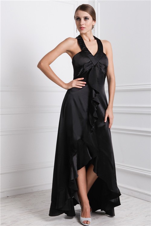 A-Line/Princess Bateau Ruffles Sleeveless High Low Silk like Satin Dresses 3384