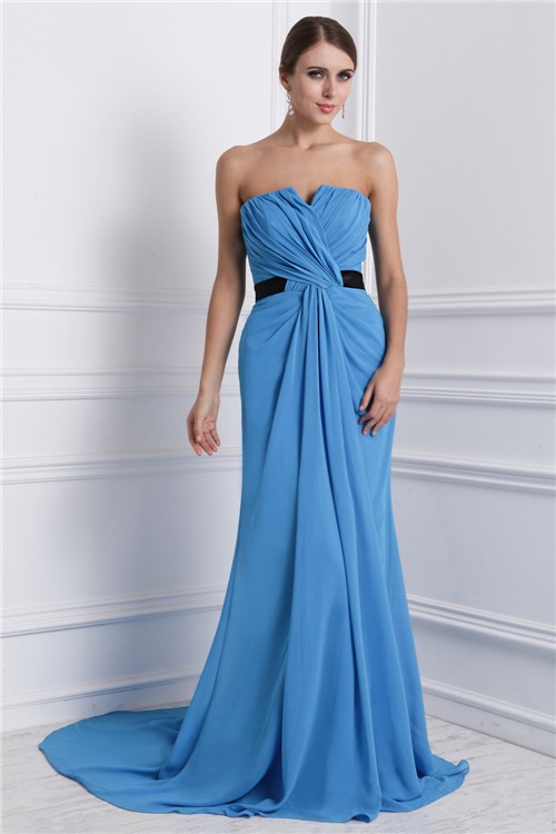 A-Line/Princess Strapless Sleeveless Ruffles Long Chiffon Dresses 4788