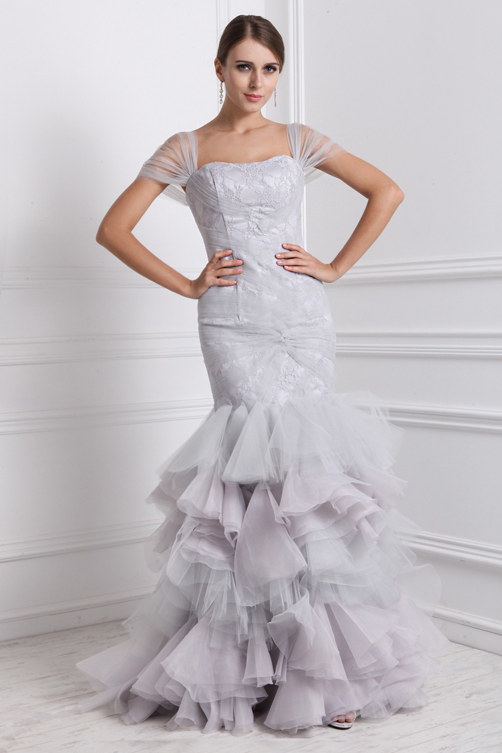 Trumpet/Mermaid Straps Short Sleeves Ruffles Long Organza Dresses 7443