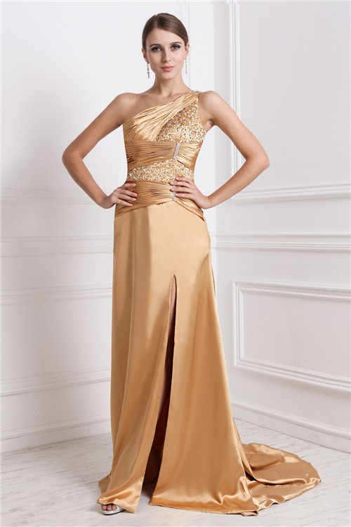 A-Line/Princess One-Shoulder Sleeveless Long Beading Elastic Woven Satin Dresses 3913