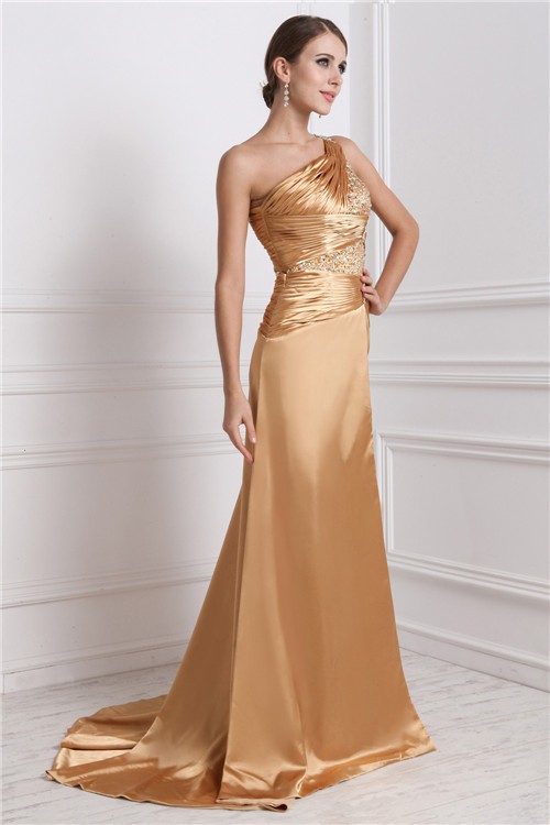 A-Line/Princess One-Shoulder Sleeveless Long Beading Elastic Woven Satin Dresses 3913