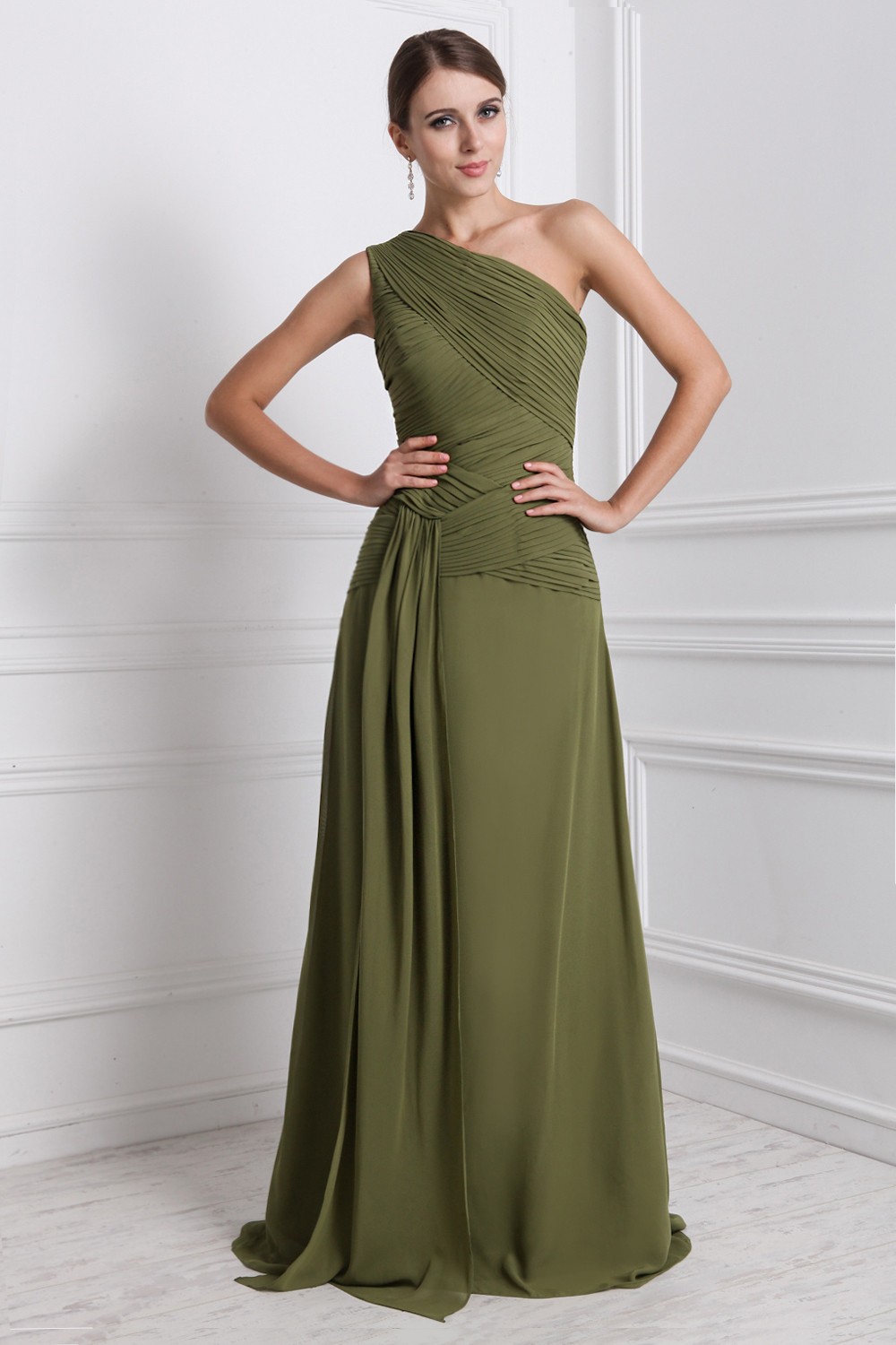 A-Line/Princess One-Shoulder Sleeveless Long Ruffles Chiffon Dresses 3916