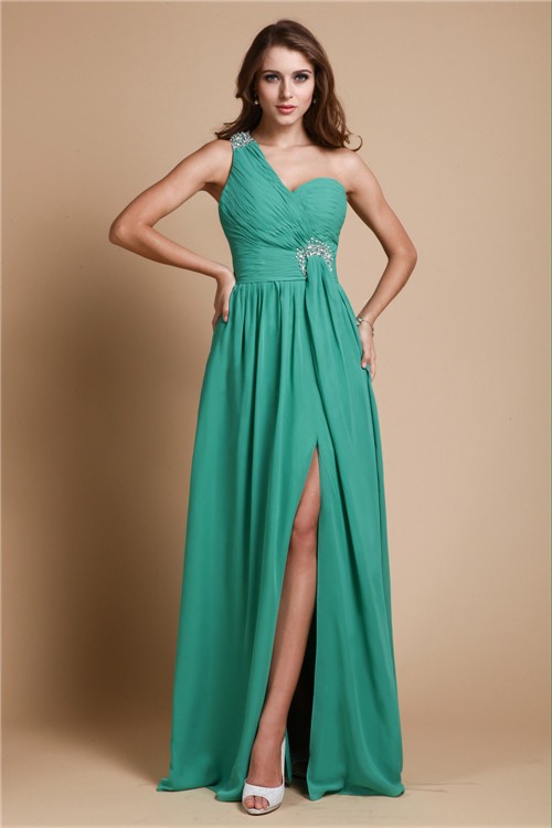 A-Line/Princess One Shoulder Sleeveless Beading Long Chiffon Dresses 3903