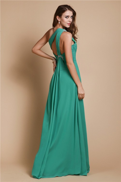 A-Line/Princess One Shoulder Sleeveless Beading Long Chiffon Dresses 3903