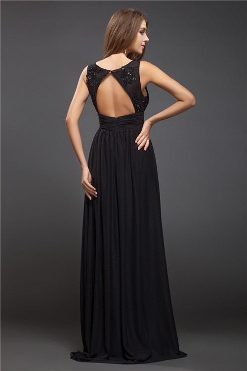 Sheath/Column V-neck Sleeveless Beading Lace Long Chiffon Dresses 6892