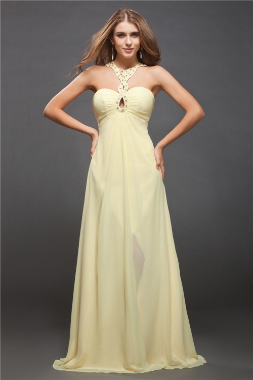 Sheath/Column Halter Beading Sleeveless Long Chiffon Dresses 5956