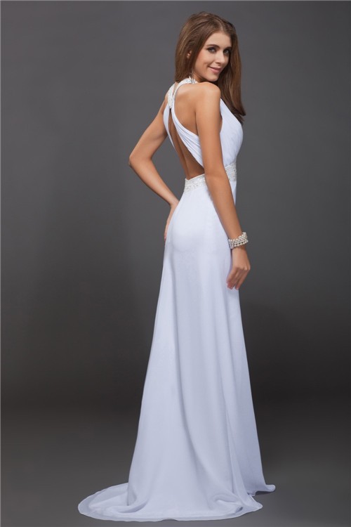 Sheath/Column Jewel Sleeveless Beading Ruffles Long Chiffon Dresses 6076