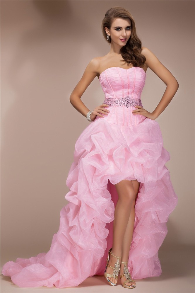 A-Line/Princess Sweetheart Sleeveless High Low Beading Organza Dresses 5084