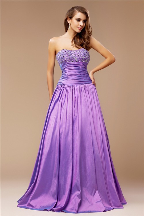 A-Line/Princess Strapless Beading Sleeveless Long Taffeta Dresses 4753