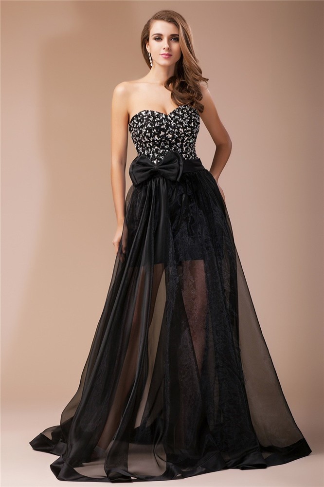 Sheath/Column Sweetheart Beading Long Sleeveless Organza Elastic Woven Satin Dresses 6768