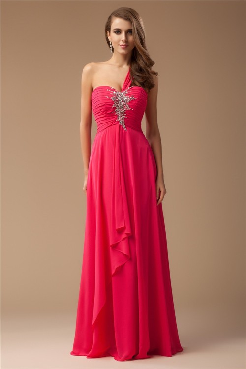 Sheath/Column One-Shoulder Beading Sleeveless Long Chiffon Dresses 6160