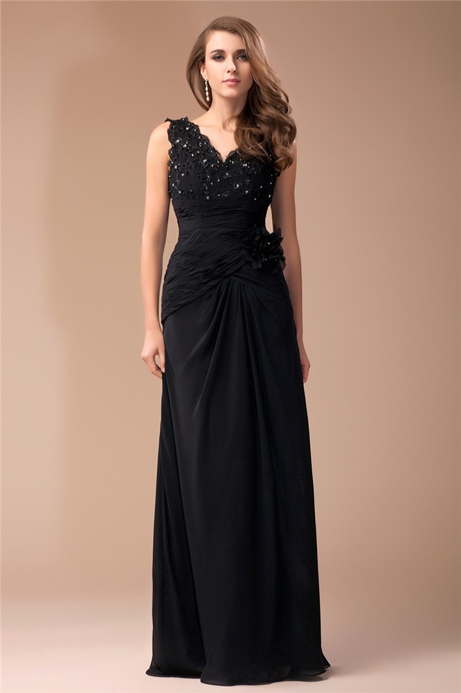 Sheath/Column V-neck Sleeveless Long Beading Lace Chiffon Dresses 6904