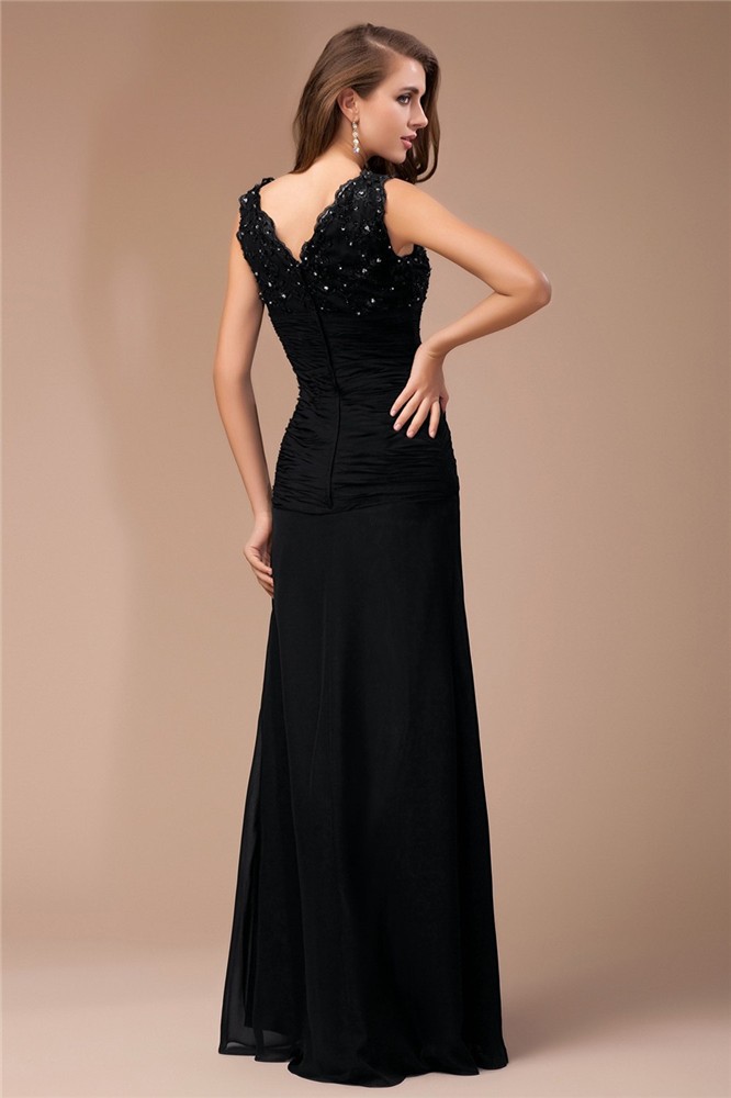 Sheath/Column V-neck Sleeveless Long Beading Lace Chiffon Dresses 6904