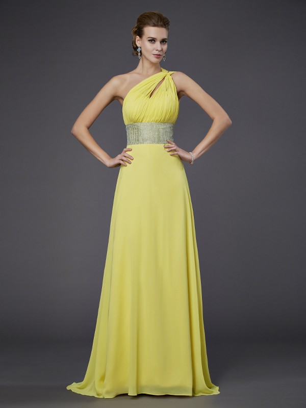 A-Line/Princess One-Shoulder Sleeveless Beading Long Chiffon Dresses 3886