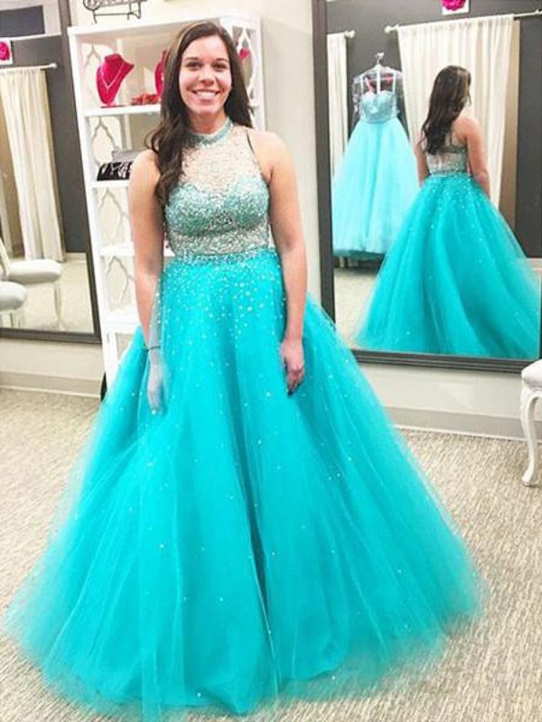 Ball Gown High Neck Sleeveless Beading Floor-Length Tulle Plus Size Dresses 5629