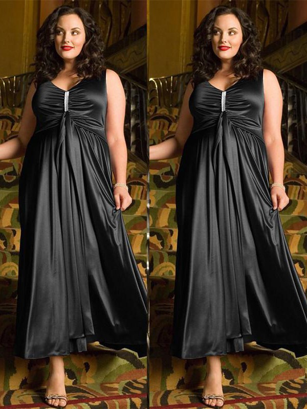 A-Line/Princess V-neck Sleeveless Beading Ankle-Length Elastic Woven Satin Plus Size Dresses 5514