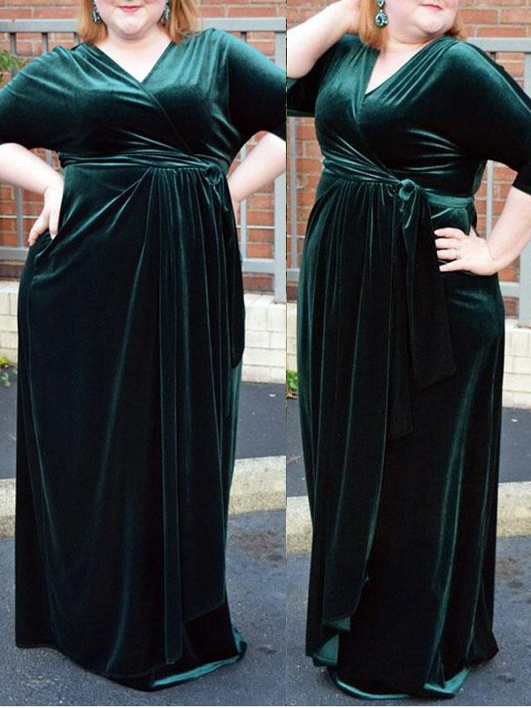 Sheath/Column V-neck 1/2 Sleeves Ruched Floor-Length Velvet Plus Size Dresses 6867