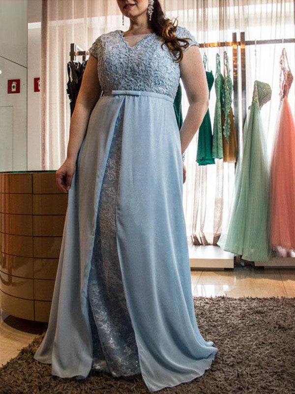 A-Line/Princess Scoop Short Sleeves Lace Floor-Length Chiffon Plus Size Dresses 4336