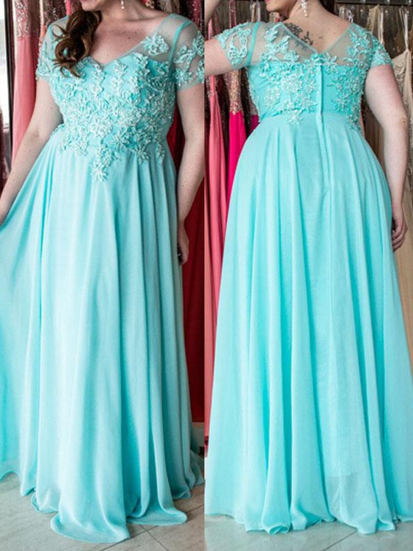 A-Line/Princess Sweetheart Short Sleeves Applique Floor-Length Chiffon Plus Size Dresses 5011