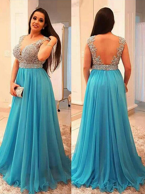 A-Line/Princess V-neck Sleeveless Beading Floor-Length Chiffon Plus Size Dresses 5525