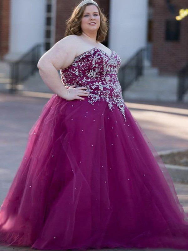 Ball Gown Sweetheart Sleeveless Beading Floor-Length Tulle Plus Size Dresses 5767