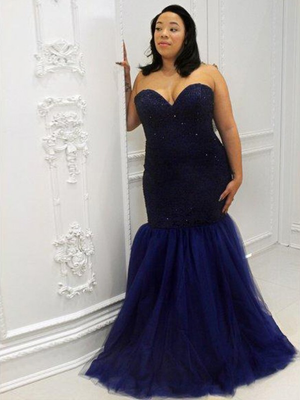 Trumpet/Mermaid Sweetheart Sleeveless Sequin Floor-Length Tulle Plus Size Dresses 7545