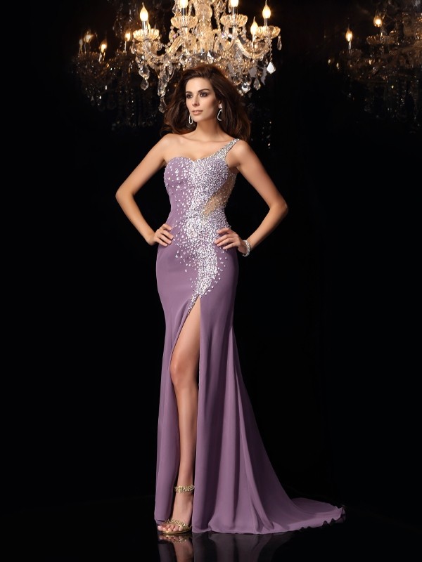 Trumpet/Mermaid One-Shoulder Rhinestone Sleeveless Long Chiffon Dresses 7172