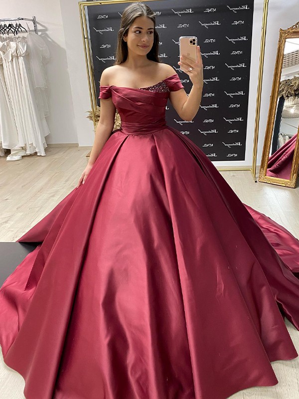 Ball Gown Satin Ruffles Off-the-Shoulder Sleeveless Sweep/Brush Train Dresses 5683