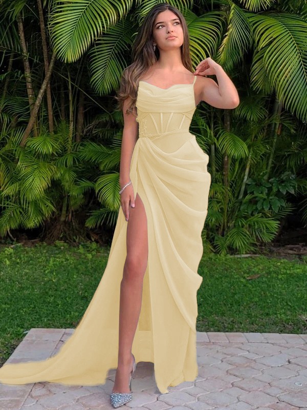 Sheath/Column Organza Ruched Spaghetti Straps Sleeveless Sweep/Brush Train Dresses 6228