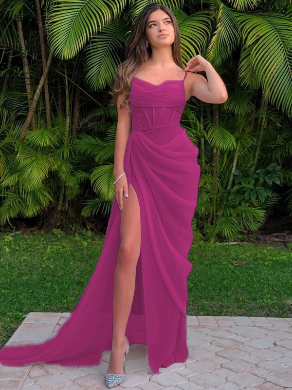 Sheath/Column Organza Ruched Spaghetti Straps Sleeveless Sweep/Brush Train Dresses 6228