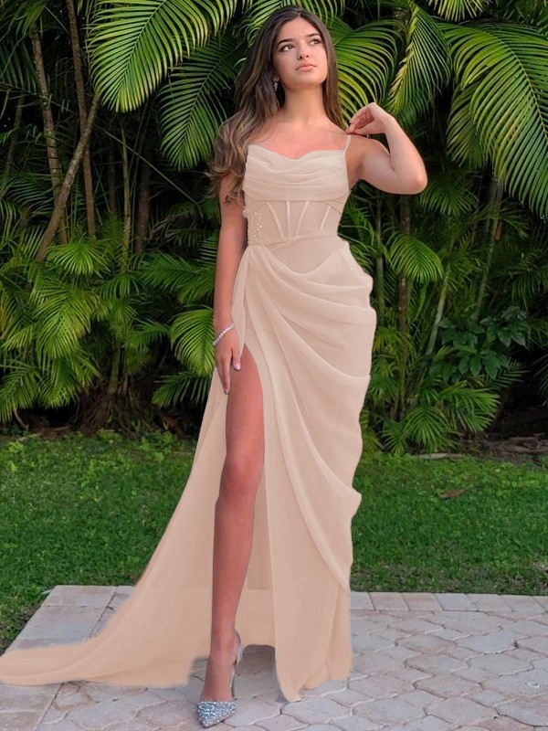 Sheath/Column Organza Ruched Spaghetti Straps Sleeveless Sweep/Brush Train Dresses 6228