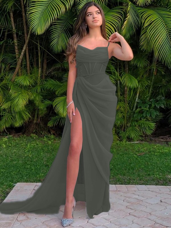 Sheath/Column Organza Ruched Spaghetti Straps Sleeveless Sweep/Brush Train Dresses 6228