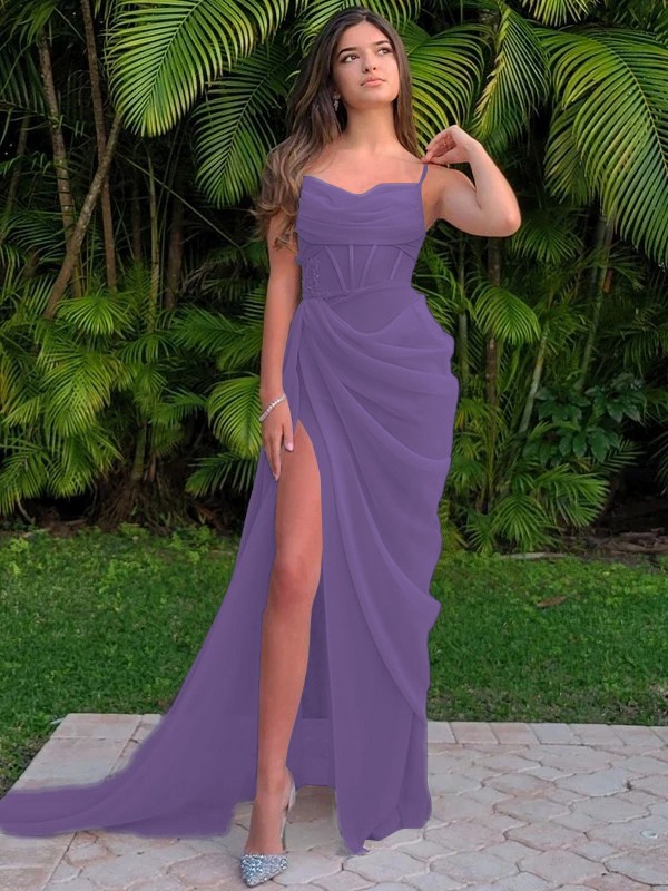 Sheath/Column Organza Ruched Spaghetti Straps Sleeveless Sweep/Brush Train Dresses 6228