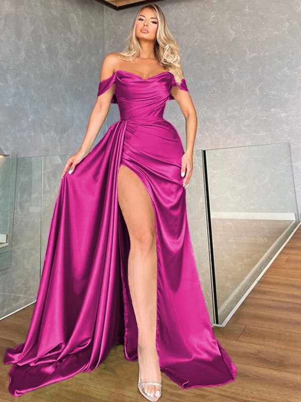 Sheath/Column Silk Like Satin Ruched Off-the-Shoulder Sleeveless Sweep/Brush Train Dresses 5895