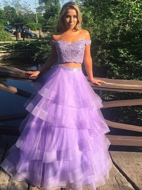 A-Line/Princess Tulle Layers Off-the-Shoulder Sleeveless Floor-Length Two Piece Dresses 5330