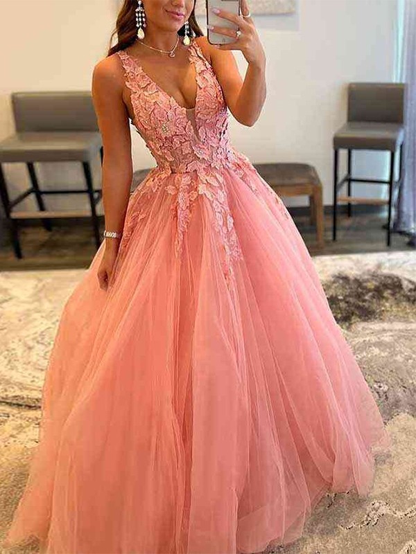 Ball Gown Tulle Applique V-neck Sleeveless Sweep/Brush Train Dresses 5789