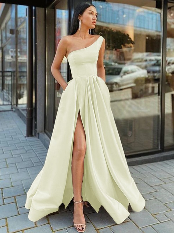 A-Line/Princess Satin Ruffles One-Shoulder Sleeveless Floor-Length Dresses 4166