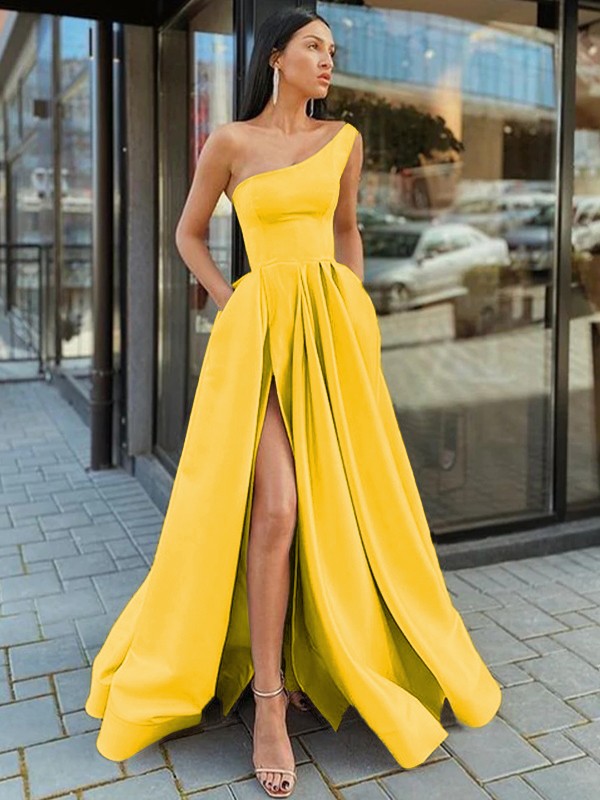 A-Line/Princess Satin Ruffles One-Shoulder Sleeveless Floor-Length Dresses 4166