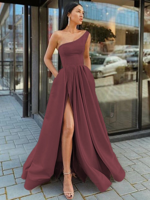 A-Line/Princess Satin Ruffles One-Shoulder Sleeveless Floor-Length Dresses 4166