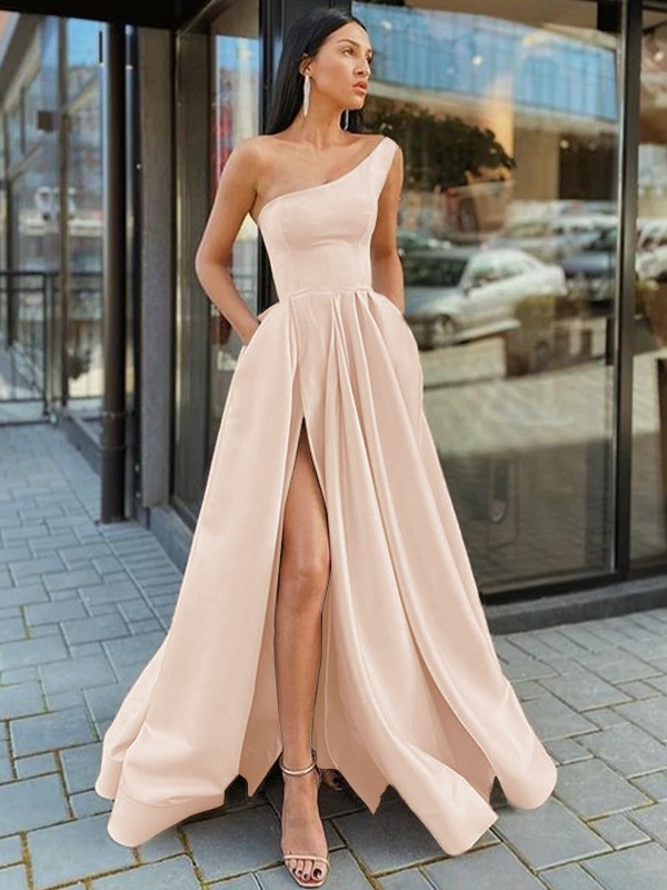 A-Line/Princess Satin Ruffles One-Shoulder Sleeveless Floor-Length Dresses 4166