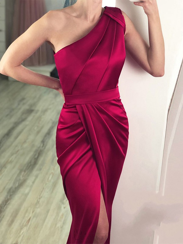 Sheath/Column Satin Ruched One-Shoulder Sleeveless Sweep/Brush Train Dresses 6303