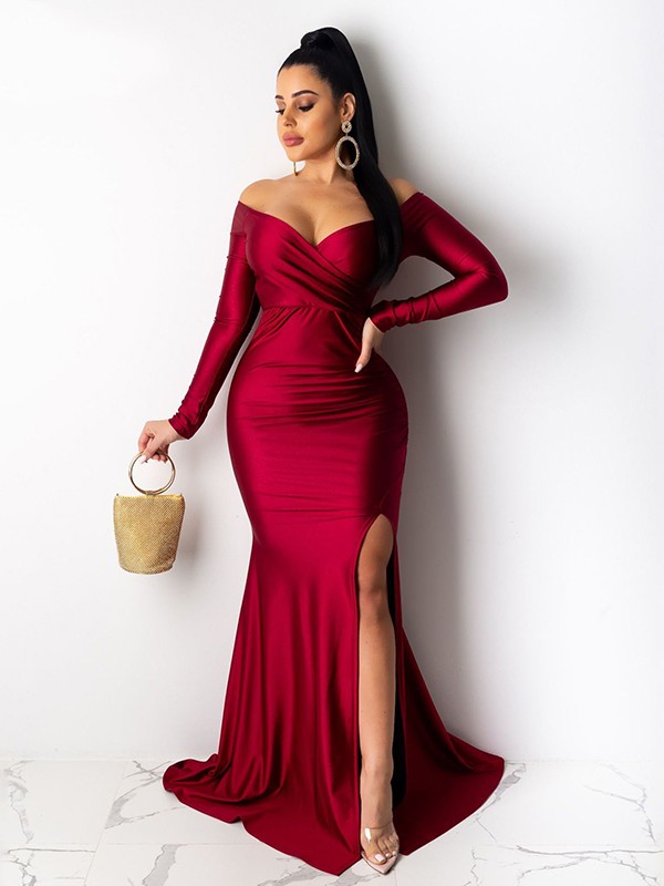 Sheath/Column Jersey Ruched Off-the-Shoulder Long Sleeves Sweep/Brush Train Dresses 6009