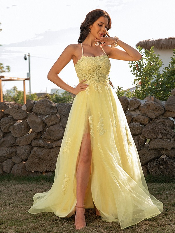 A-Line/Princess Tulle Applique Halter Sleeveless Sweep/Brush Train Dresses 5136