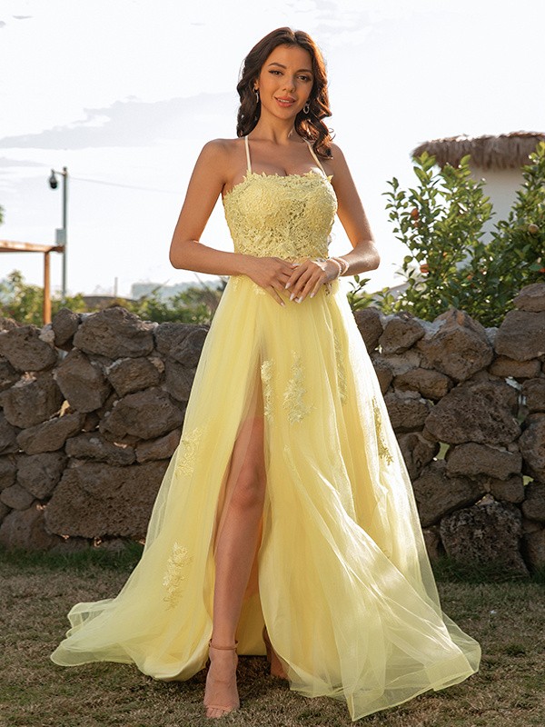 A-Line/Princess Tulle Applique Halter Sleeveless Sweep/Brush Train Dresses 5136