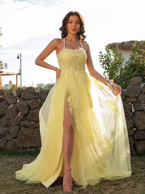 A-Line/Princess Tulle Applique Halter Sleeveless Sweep/Brush Train Dresses 5136