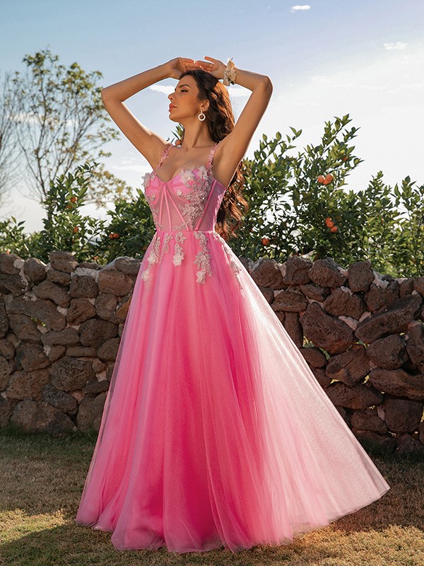 A-Line/Princess Tulle Applique Straps Sleeveless Floor-Length Dresses 5191