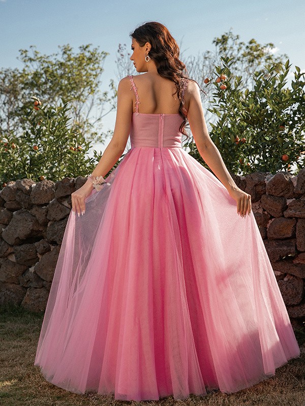 A-Line/Princess Tulle Applique Straps Sleeveless Floor-Length Dresses 5191